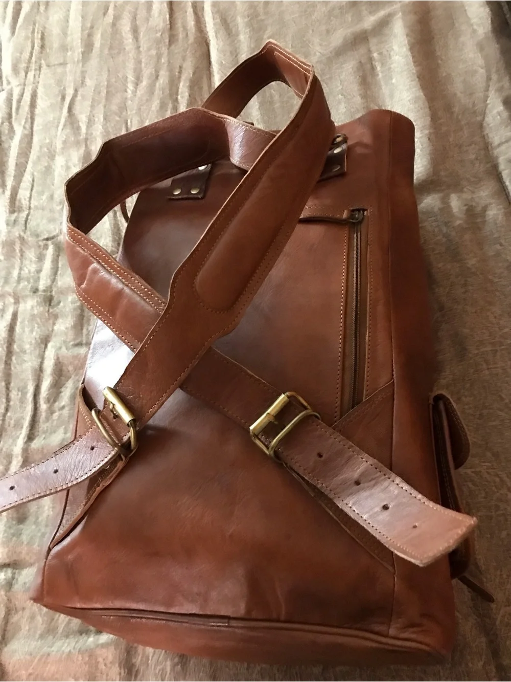 Classic Brown Leather Backpack with Front Buckle Pockets